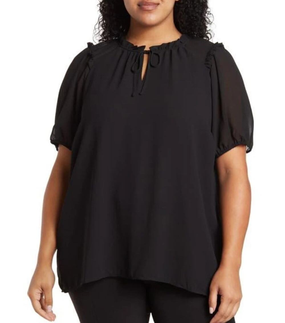 Pleione Black Chiffon Blouse Top Womens XL Ruffle Collar Tie Front Short Sleeve
